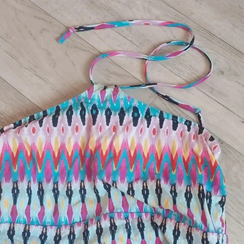Athleta Medium Boscabell Rainbow Ikat Tankini Swim Top Colorful Print Halter Tie - Picture 3 of 8